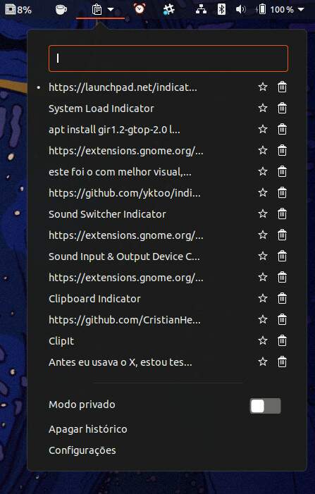 Tela da extensão Clipboard Indicator﻿ para o GNOME