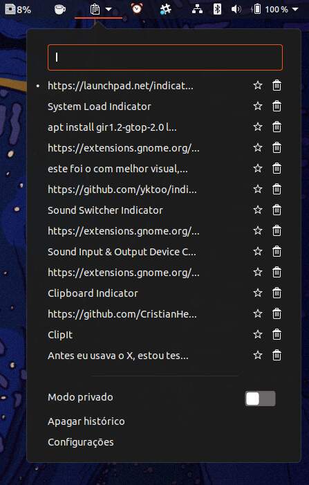 Tela da extensão Clipboard Indicator﻿ para o GNOME