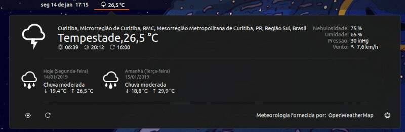 Tela da extensão OpenWeather para o GNOME