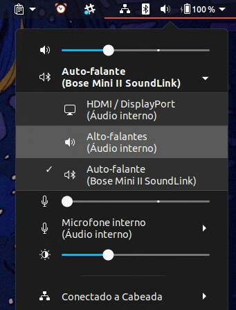 Tela da extensão Sound Input & Output Device Chooser para o GNOME