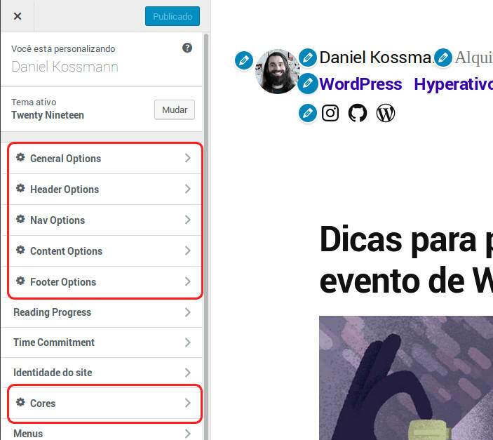 Tela do 'Personalizar' marcando os itens adicionados pelo plugin Options for Twenty Nineteen do WordPress