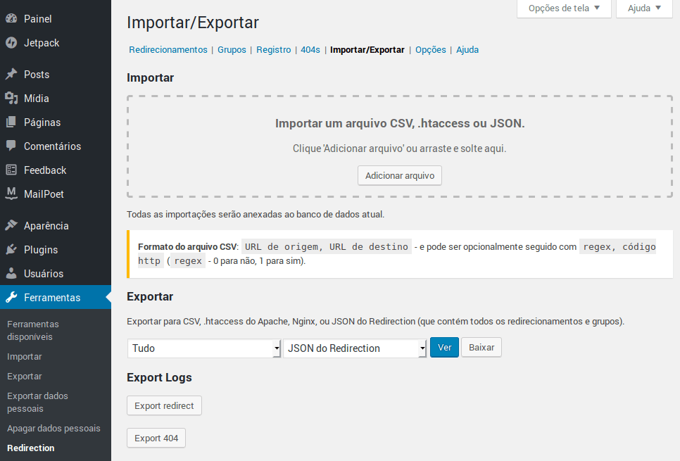 Tela de importação do plugin Redirection do WordPress