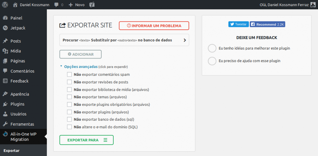 Tela de exportação com as opções avançadas visíveis no plugin All-in-One WP Migration