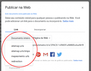 Tela das opções de compartilhamento do documento no Google Planilhas