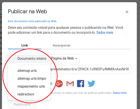 Tela das opções de compartilhamento do documento no Google Planilhas