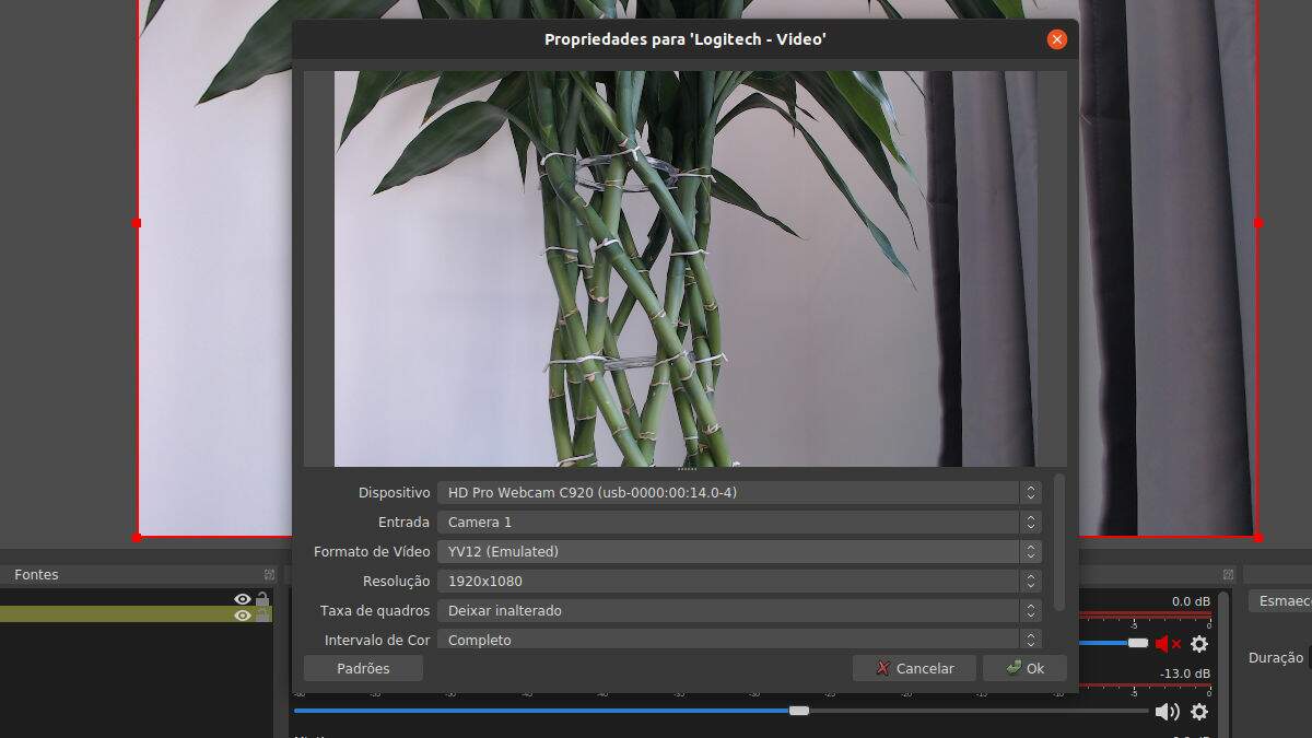 tela de configuração da webcam no programa OBS