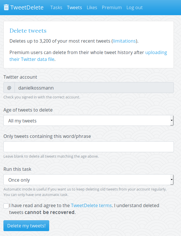 Tela para exclusão de tweets no TweetDelete