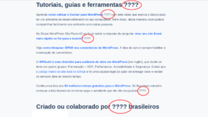 Captura de tela de um post do WordPress com os emojis trocados por ????