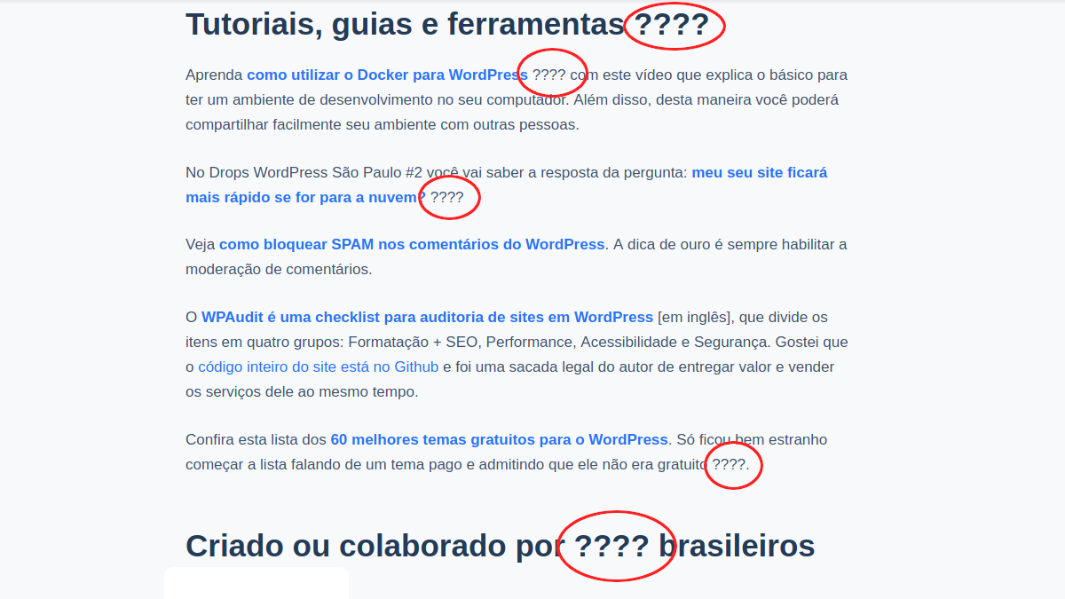 Captura de tela de um post do WordPress com os emojis trocados por ????