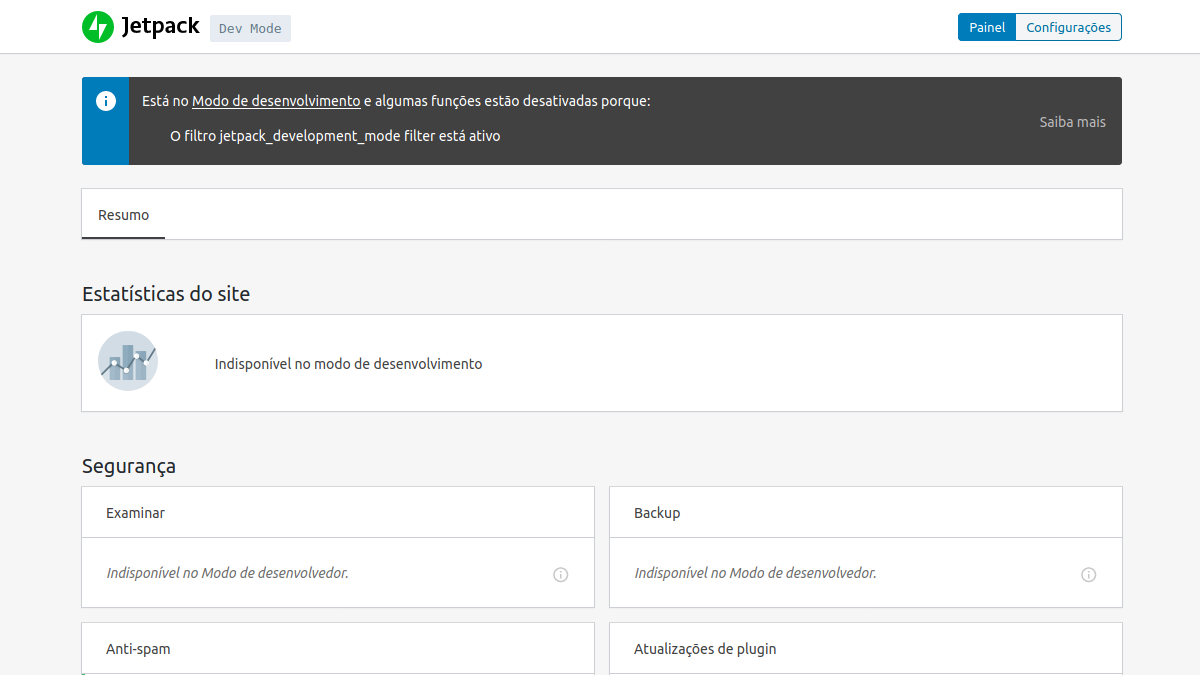Tela do plugin Jetpack para WordPress exibindo aviso de modo de desenvolvedor