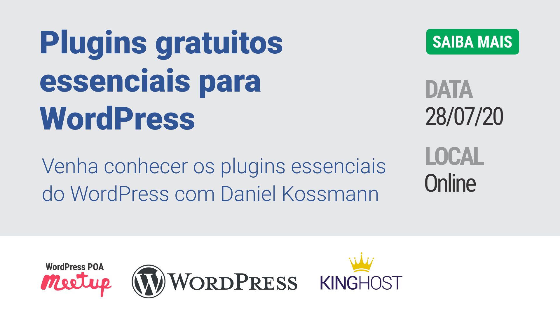 Imagem de divulgação da palestra Plugins gratuitos essenciais para WordPress