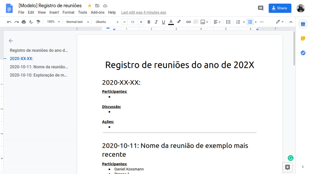 Captura de tela do documento de modelo de reuniões no Google Docs