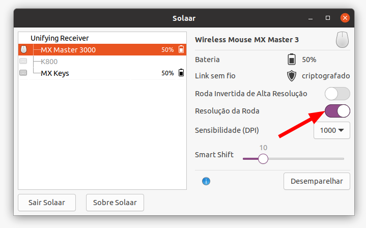 Captura de tela do software Solaar com seta indicando a configuração da sensibilidade do mouse da logitech