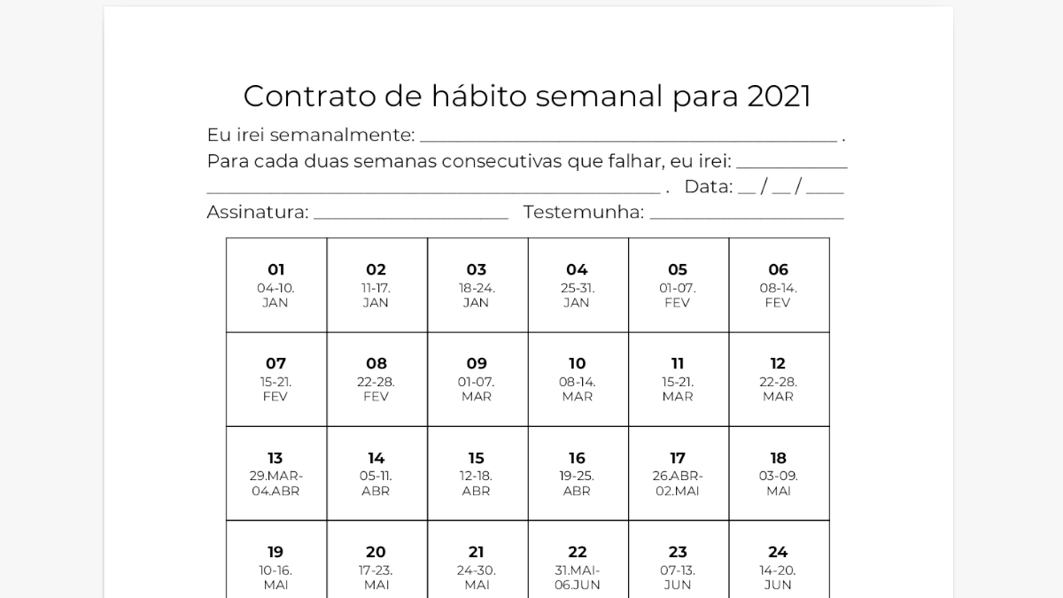 Contrato de hábito semanal para 2021