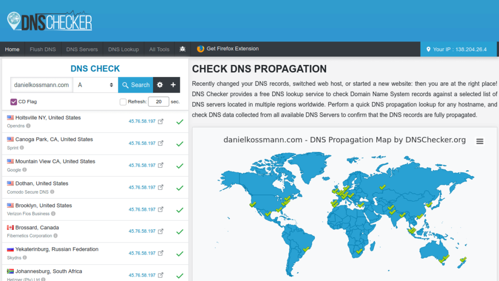 Captura de tela do site DNS Checker mostrando um mapa do mundo com os pontos onde o DNS está propagado