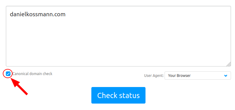 Tela do site HTTPStatus.io com uma seta apontando para a opção Canonical domain check