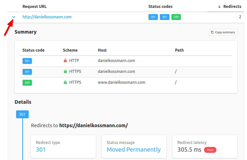 Tela do site HTTPStatus.io com os detalhes de uma URL aberto