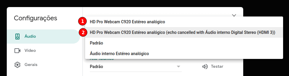 Tela de configuração de som do Google Meet