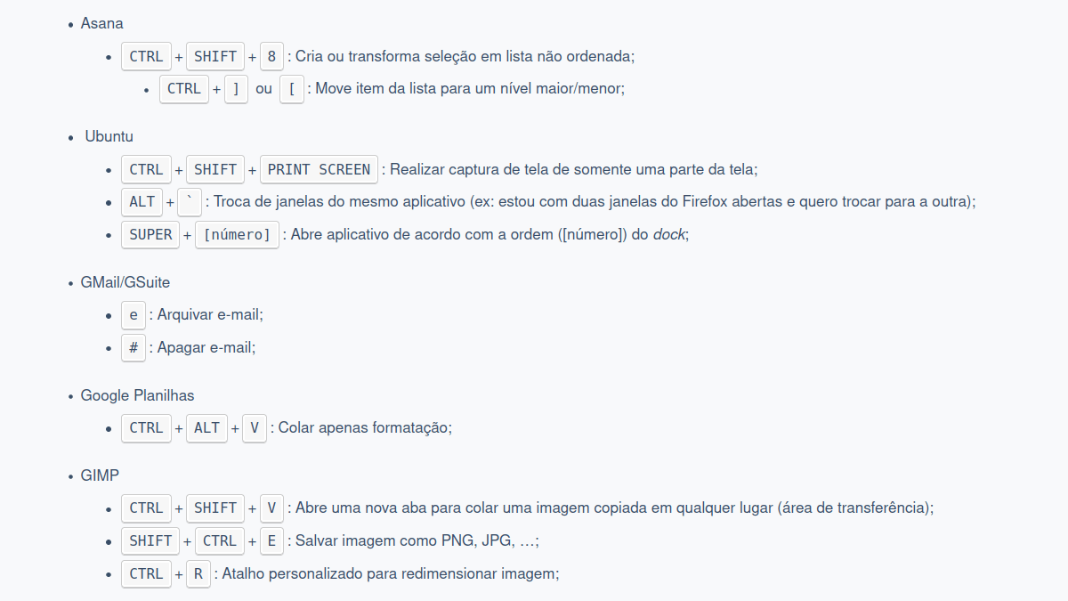 captura de tela de um conteúdo com teclas de atalho visualmente formatadas