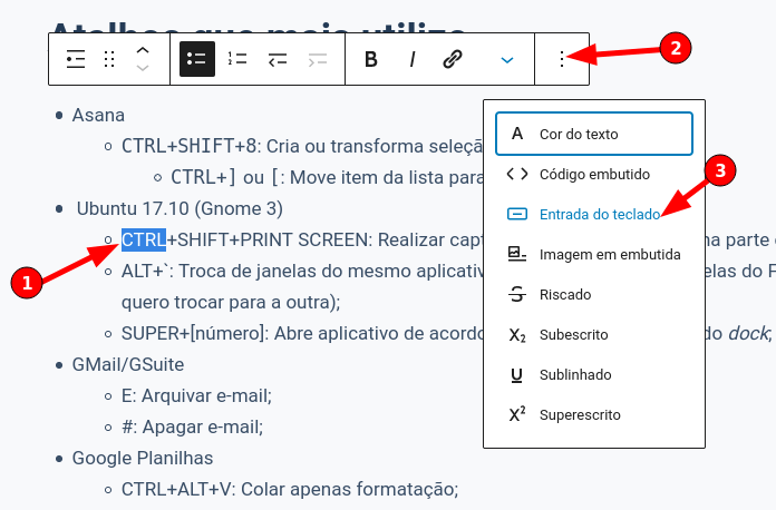 Captura de tela mostrando os passos para formatar teclas de atalhos (kdb) no conteúdo do editor de blocos do WordPress