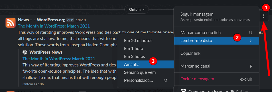 Captura de tela do Slack mostrando como utilizar a funcionalidade para lembrar de ver uma mensagem mais tarde.
