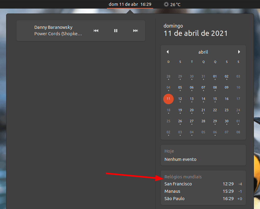 Captura de tela da barra de status do Ubuntu com o gnome-clocks