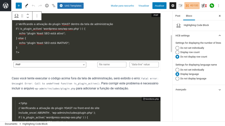 Plugins para exibir códigos estilizados (syntax highlighting) no editor de blocos (Gutenberg) do WordPress