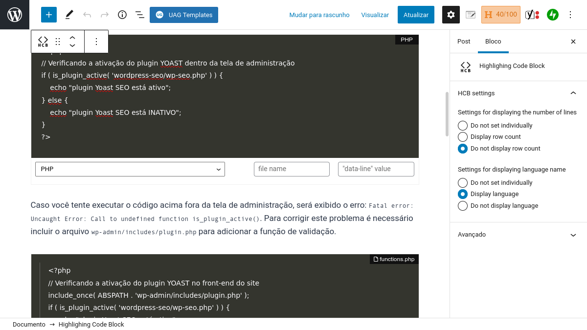 Plugins para exibir códigos estilizados (syntax highlighting) no editor de blocos (Gutenberg) do WordPress