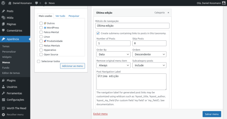 Como adicionar um link para o último post de uma categoria no menu do WordPress