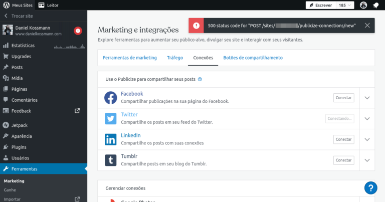 Como corrigir o erro “500 status code for POST /sites/…/publicize-connections/new” do Jetpack no WordPress