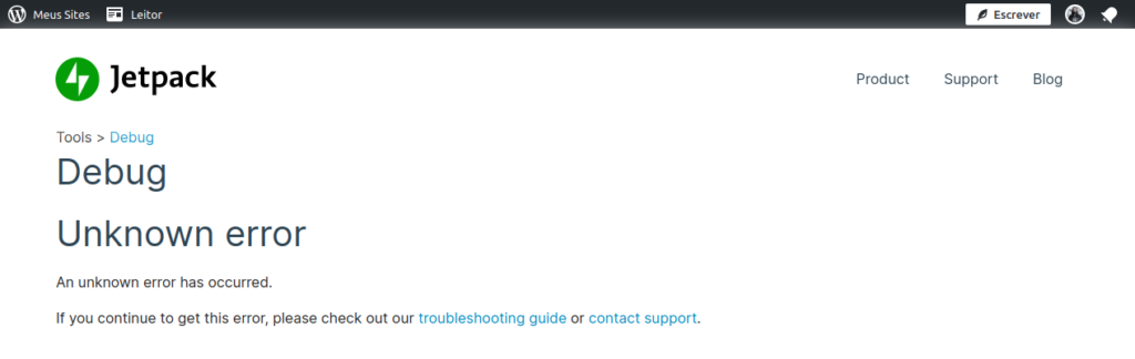 Mensagem de "Erro desconhecido" na ferramenta Jetpack Debug