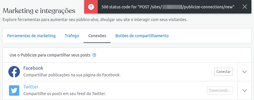 Captura de tela do erro 500 ao tentar conectar uma rede social no Jetpack