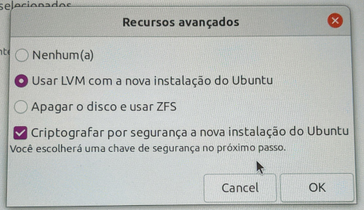 Tela de Recursos avançados do disco na instalação do Ubuntu