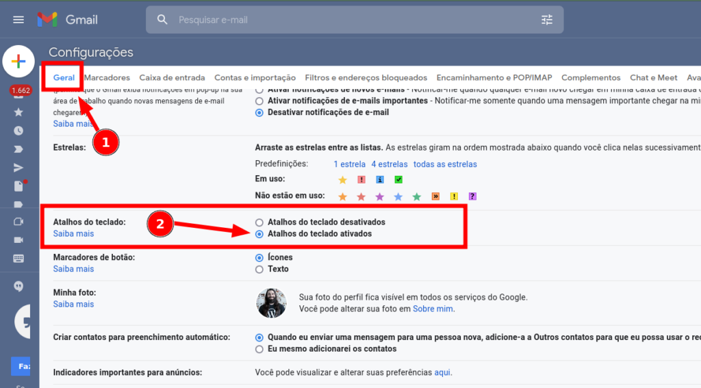 Tela de configurações do GMail ou GSuite com a opção para ativar os atalhos de teclado