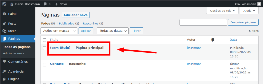 Lista de páginas no painel administrativo do WordPress
