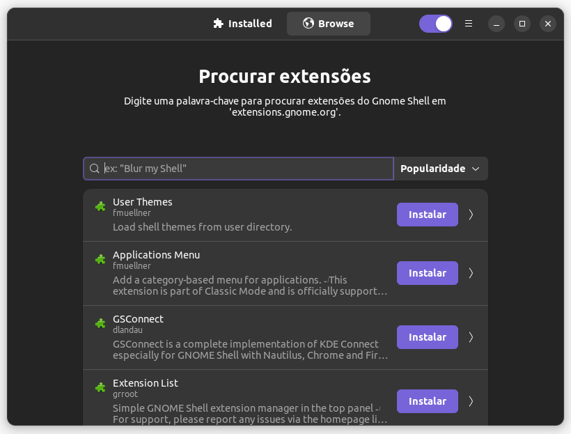 Tela do GNOME Extensions Manager com a aba de navegar ativa