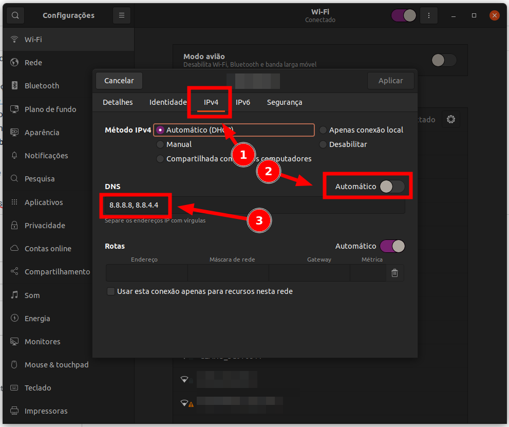 Tela de configuração do Ubuntu para alterar o servidor de DNS se uma rede sem fio