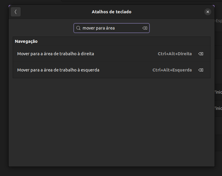 Tela de configurações de atalhos de teclado do GNOME filtrando resultados por "mover para área"