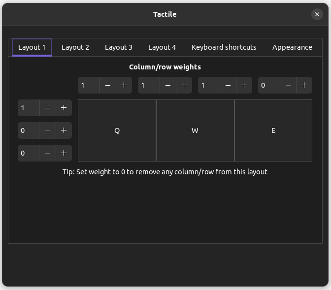 Tela de configurações da grade da extensão Tacticle para GNOME com uma grade horizontal simples com três espaços