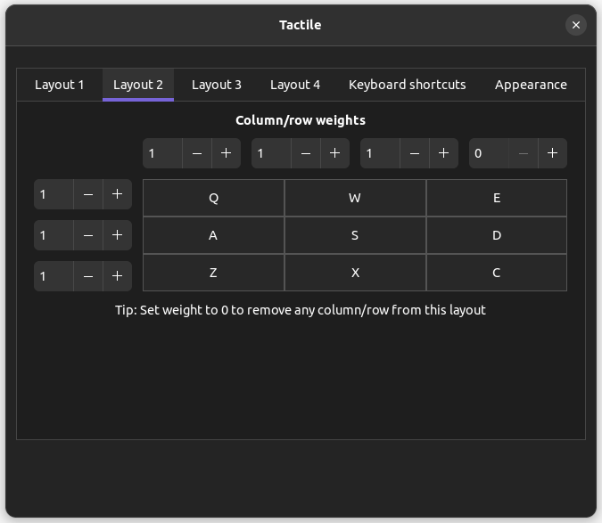 Tela de configurações da grade da extensão Tacticle para GNOME com uma grade mais complexa com 3 espaços na horizontal e 3 na vertical