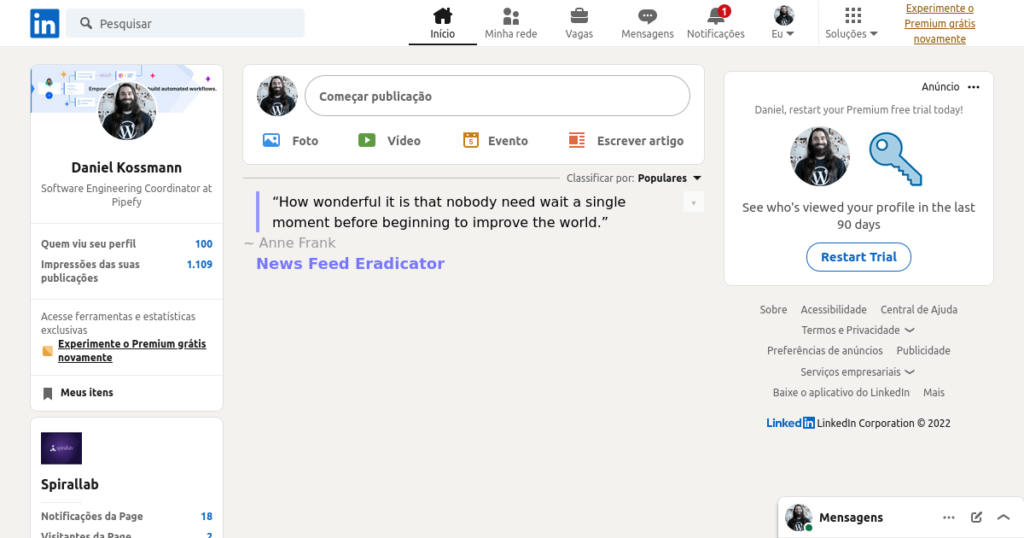 Página inicial do LinkedIn sem o feed de notícias