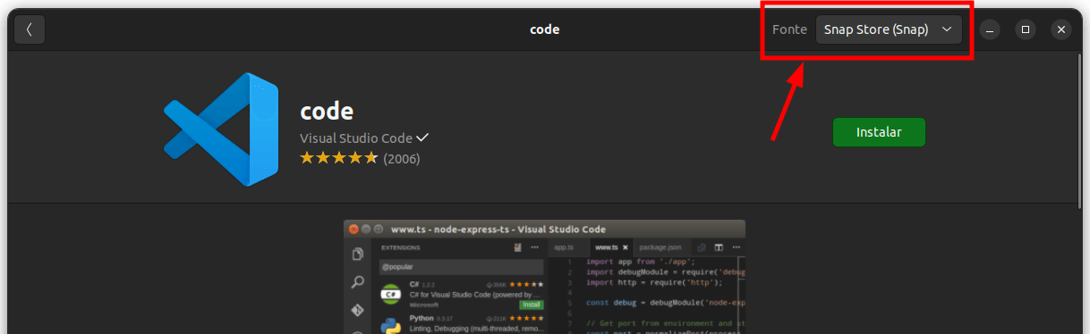 Visual Studio Code na loja de aplicativos do Ubuntu