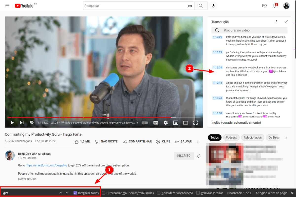 Pesquisando na transcrição do YouTube utilizando a funcionalidade nativa do navegador