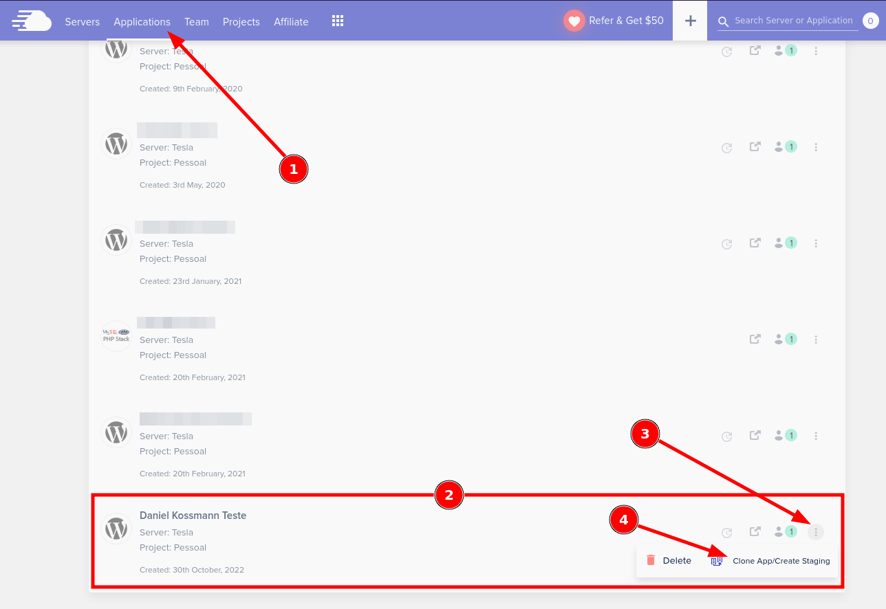 Tela de aplicações da Clouways com menu para criar ambiente de testes