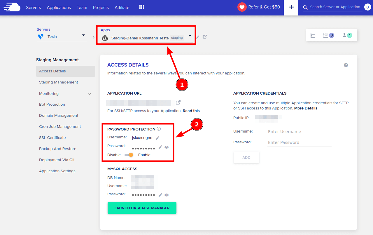 Tela de configurações com os dados de acesso do ambiente de testes