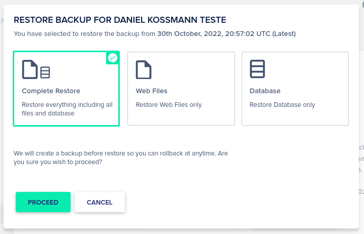 Tela com opções da restauração do backup