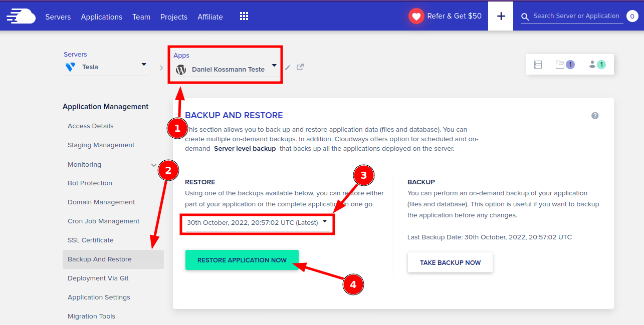 Tela para acessar os backups e restaurá-los