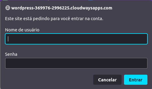 Tela solicitando o usuário e senha para acessar o ambiente de testes