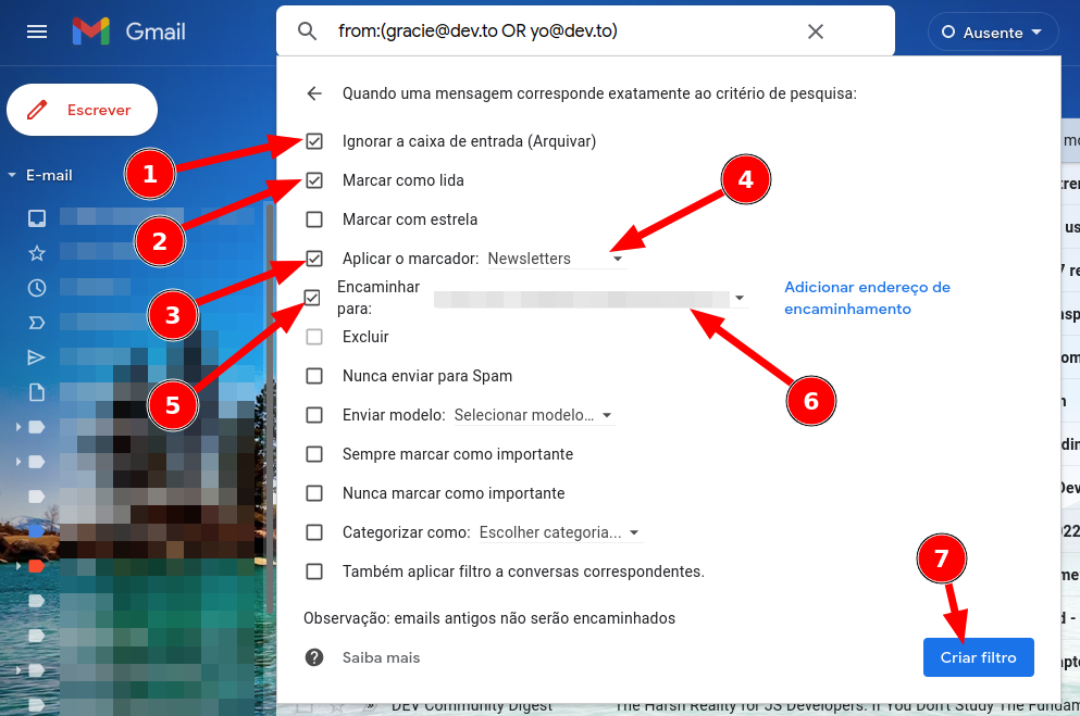 Painel de criação de filtro do GMail/GSuite