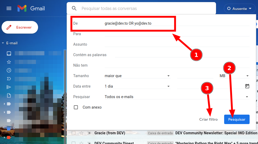 Painel de pesquisa do GMail/GSuite.